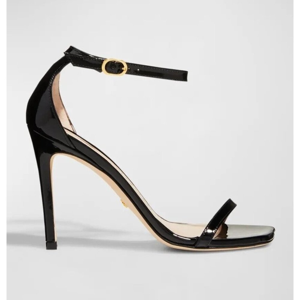 NEW $550 Stuart Weitzman AMELINA 95 SANDAL PATENT BLACK NUDISTCURVE 9.5 (PB15)